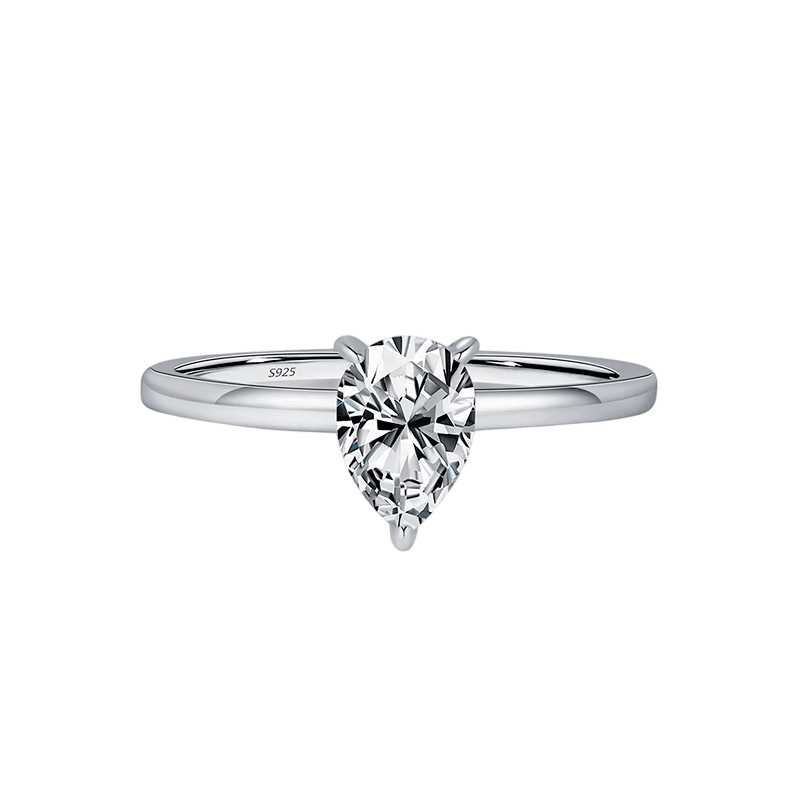 925 silver ring featuring a pear-shaped zirconia stone in a minimalist setting, displayed on hand and in close-up product views
