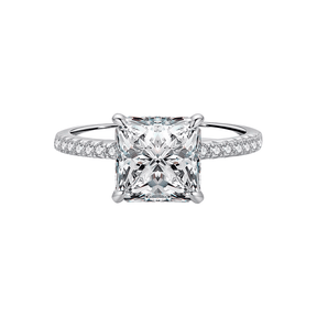 Sterling silver ring with square-cut zirconia stone and pavé band, photographed in different elegant angles and worn on the hand.
