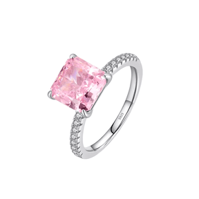 Sterling silver ring with square-cut zirconia stone and pavé band, photographed in different elegant angles and worn on the hand.