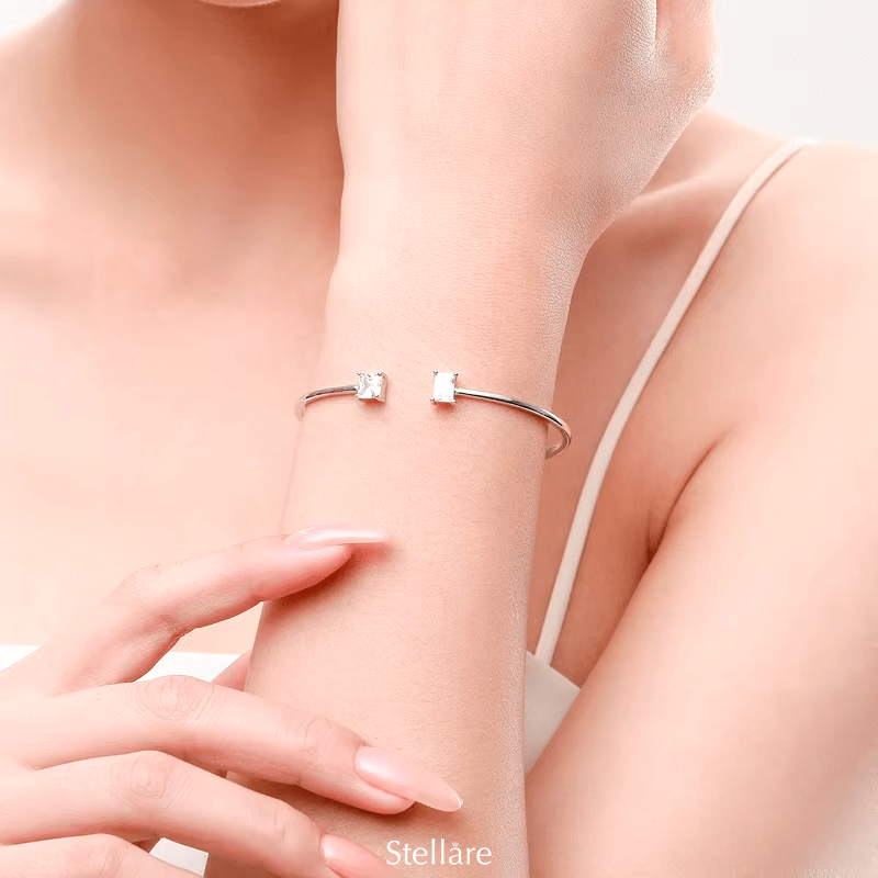 925 sterling silver open bracelet with minimalist prism ends – elegant women’s bangle jewellery in UK