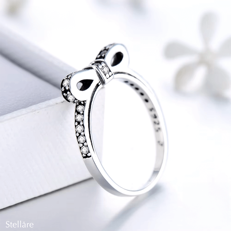 “Sterling silver bow ring with pavé zirconia stones – romantic and feminine jewellery piece for women”