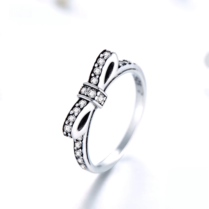 “Sterling silver bow ring with pavé zirconia stones – romantic and feminine jewellery piece for women”
