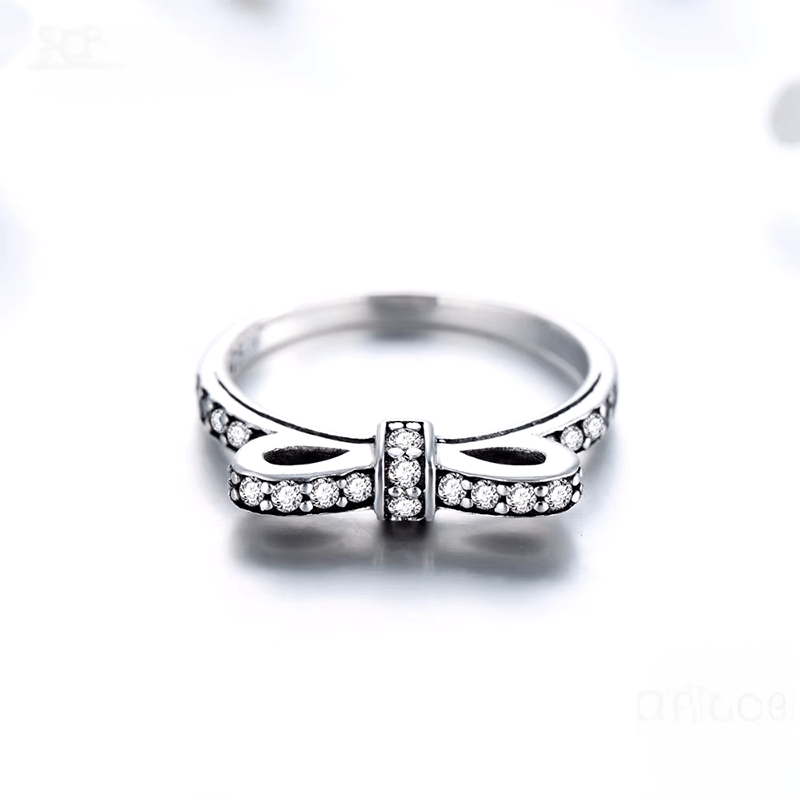 “Sterling silver bow ring with pavé zirconia stones – romantic and feminine jewellery piece for women”