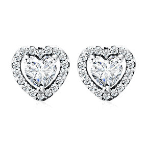 Sterling silver stud earrings with brilliant heart-shaped zirconia and halo setting – romantic and elegant design