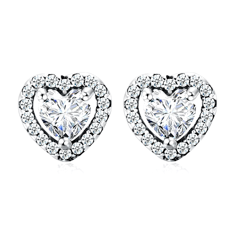 Sterling silver stud earrings with brilliant heart-shaped zirconia and halo setting – romantic and elegant design