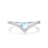 Sterling silver chevron ring with heart-cut blue zirconia and pavé band – dainty and elegant feminine design