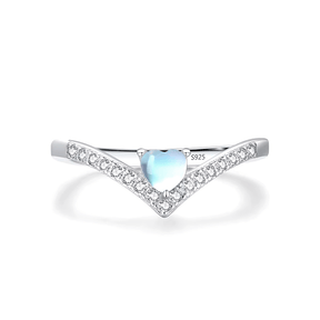Sterling silver chevron ring with heart-cut blue zirconia and pavé band – dainty and elegant feminine design