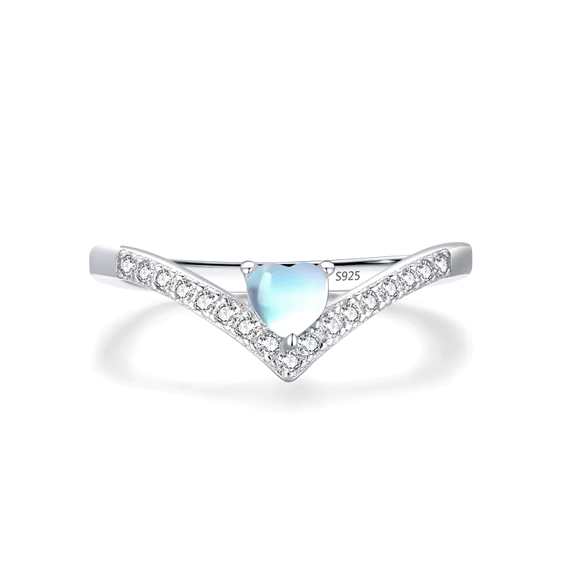 Sterling silver chevron ring with heart-cut blue zirconia and pavé band – dainty and elegant feminine design