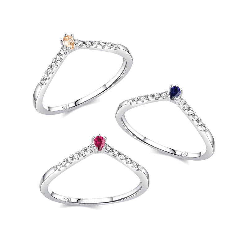Sterling silver chevron ring with colourful gemstones – minimalist v-shaped band ideal for stacking or gifting