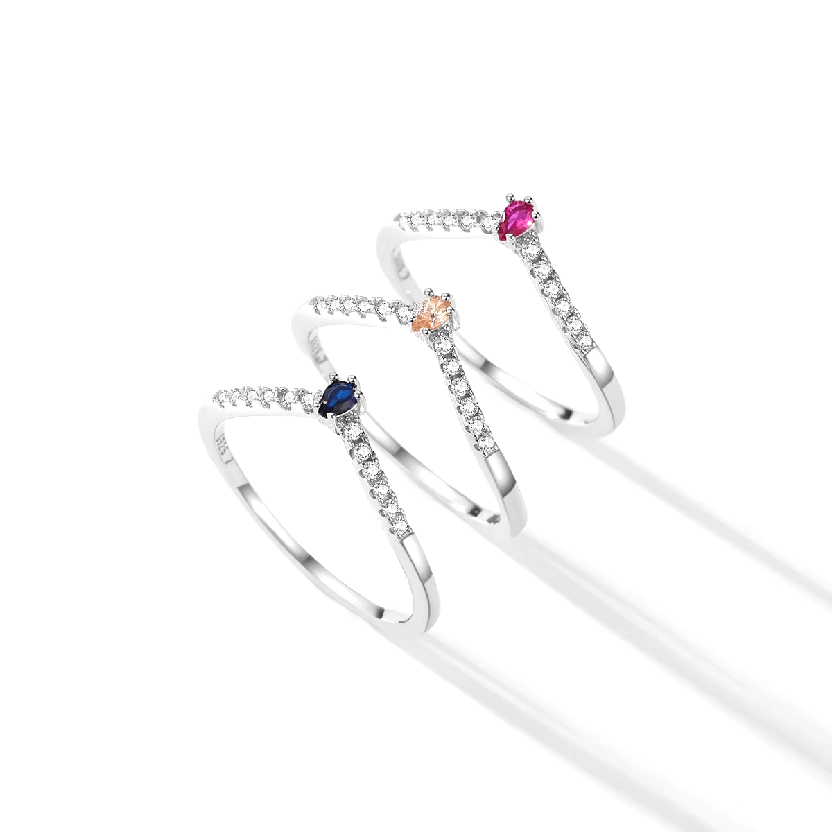 Sterling silver chevron ring with colourful gemstones – minimalist v-shaped band ideal for stacking or gifting