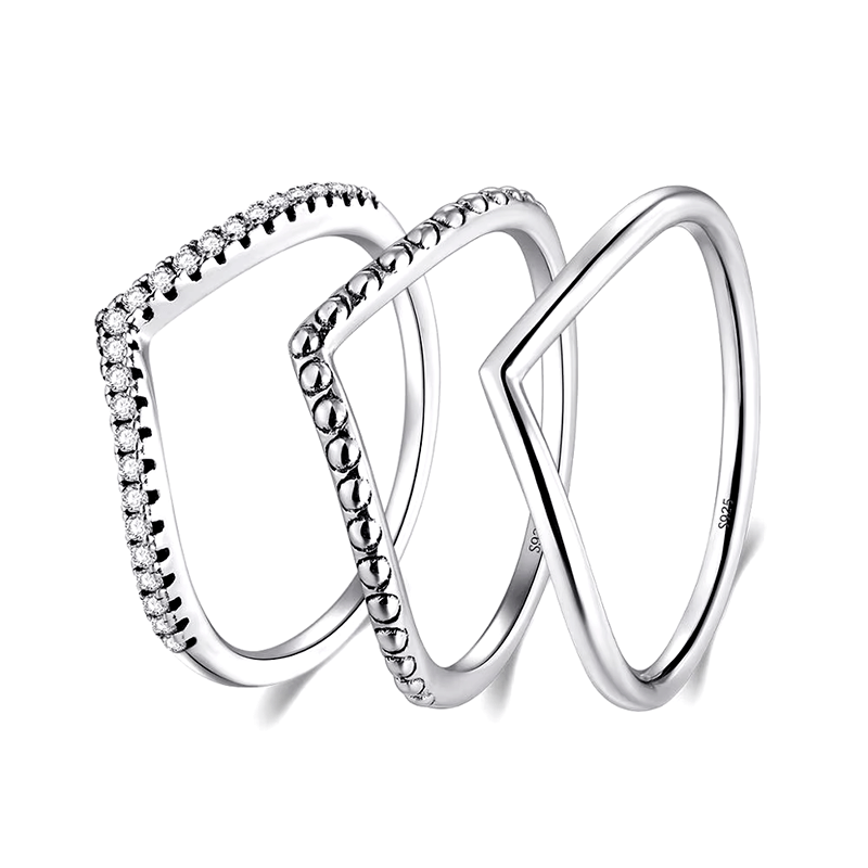 Sterling silver chevron ring set – minimalist trio with v-shaped and pavé bands for stacking or solo wear