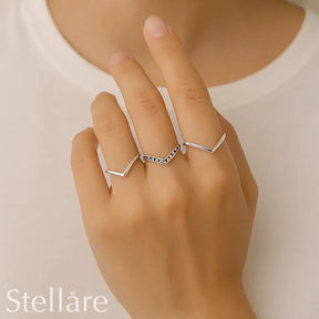 Sterling silver chevron ring set – minimalist trio with v-shaped and pavé bands for stacking or solo wear