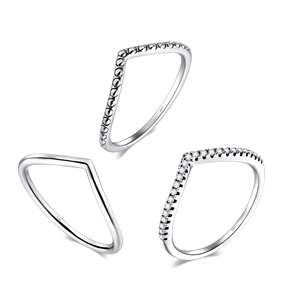 Sterling silver chevron ring set – minimalist trio with v-shaped and pavé bands for stacking or solo wear