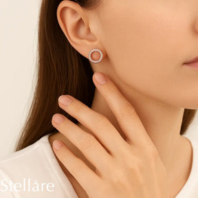 Sterling silver circular stud earrings with zirconia – elegant round shape available in silver or rose gold tone