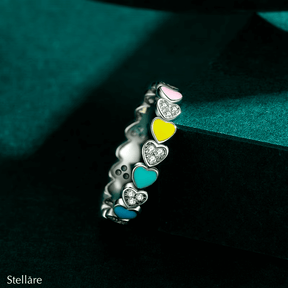 Sterling silver ring with colourful enamel hearts – cute and playful band for women or girls, stackable and gift-ready