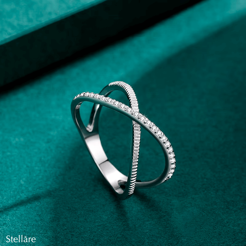 Sterling silver criss cross ring with pavé zirconia – modern crossover design for elegant everyday wear