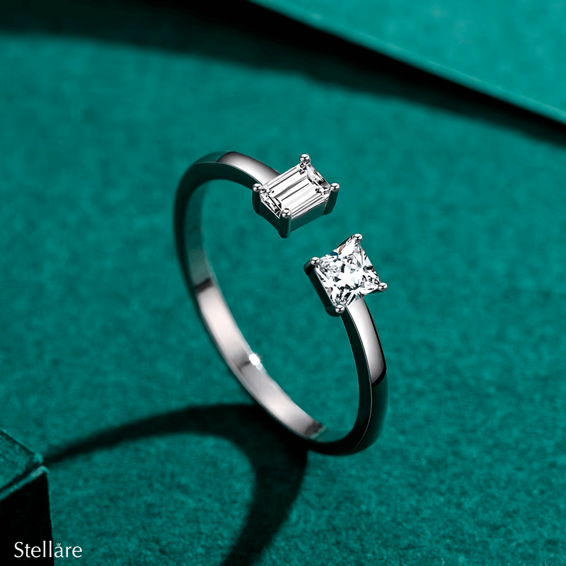 Sterling silver double stone ring with open band design – adjustable and elegant modern piece for stacking or solo wear