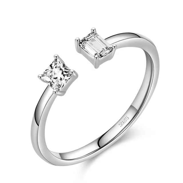 Sterling silver double stone ring with open band design – adjustable and elegant modern piece for stacking or solo wear