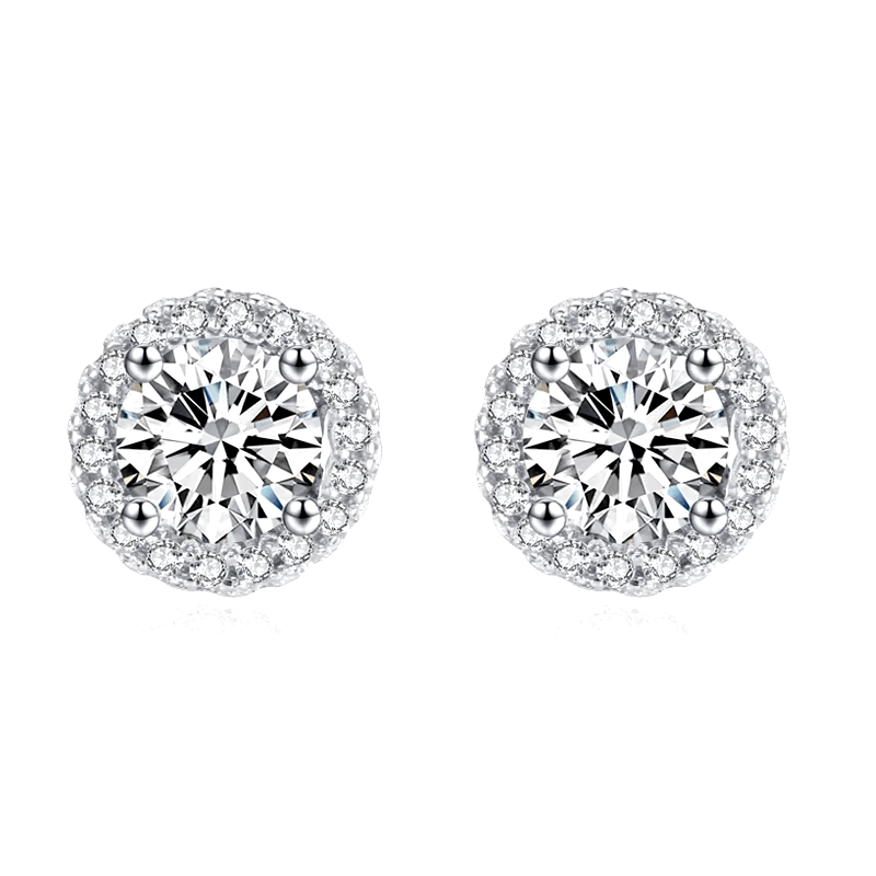 Sterling silver stud earrings with round halo design and white zirconia – timeless sparkle for everyday elegance