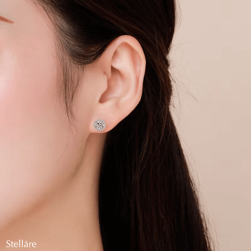 Sterling silver stud earrings with round halo design and white zirconia – timeless sparkle for everyday elegance