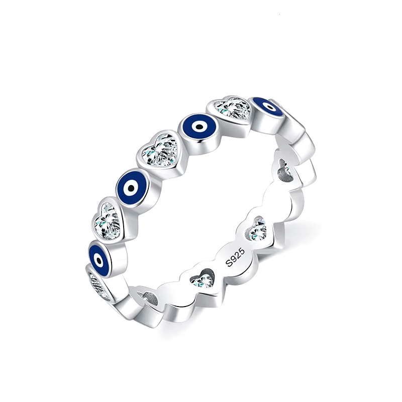 Sterling silver evil eye ring with heart motifs – protective and symbolic jewellery piece in minimalist style