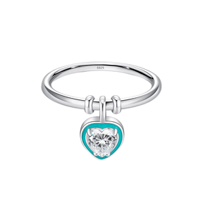 Sterling silver ring with turquoise heart-shaped pendant and zirconia – dainty charm ring for romantic styling