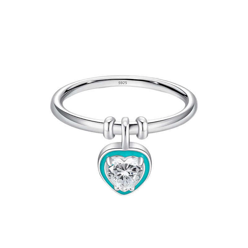 Sterling silver ring with turquoise heart-shaped pendant and zirconia – dainty charm ring for romantic styling