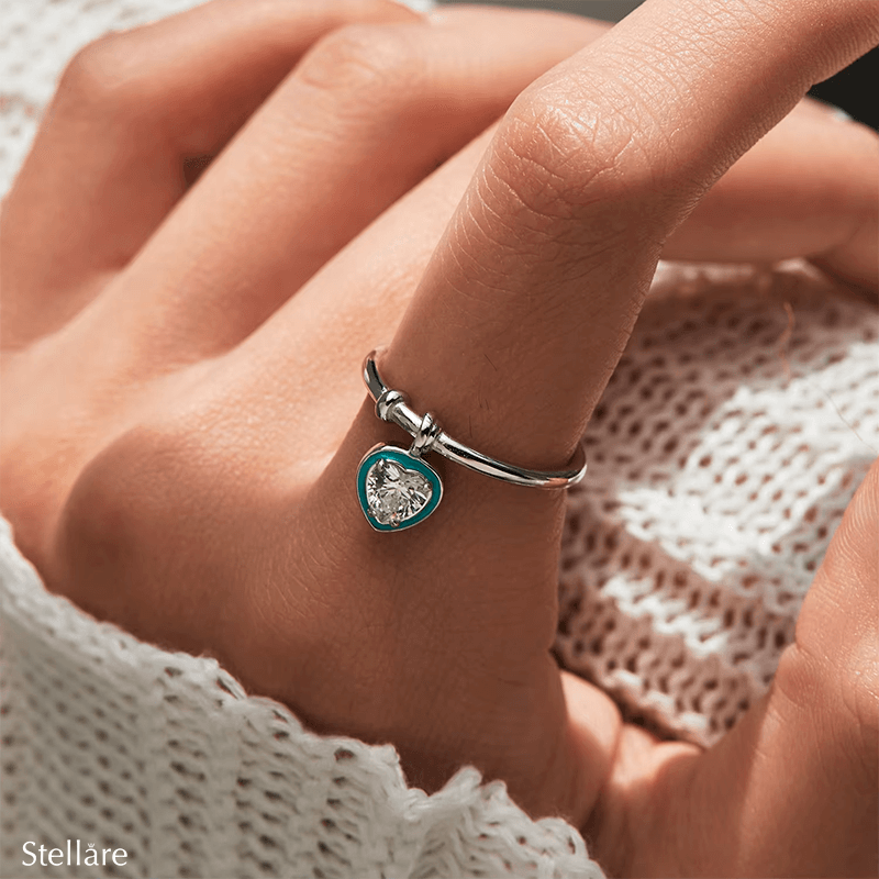 Sterling silver ring with turquoise heart-shaped pendant and zirconia – dainty charm ring for romantic styling