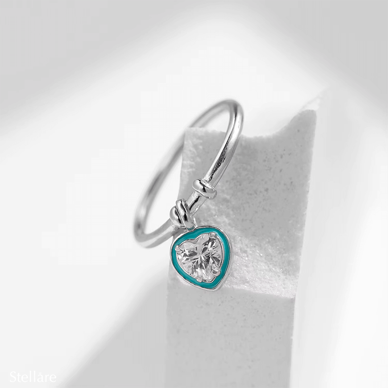 Sterling silver ring with turquoise heart-shaped pendant and zirconia – dainty charm ring for romantic styling