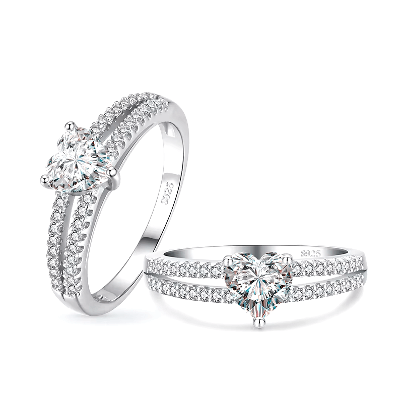 Sterling silver heart-shaped zirconia ring set – romantic pavé duo for promise or engagement gifting