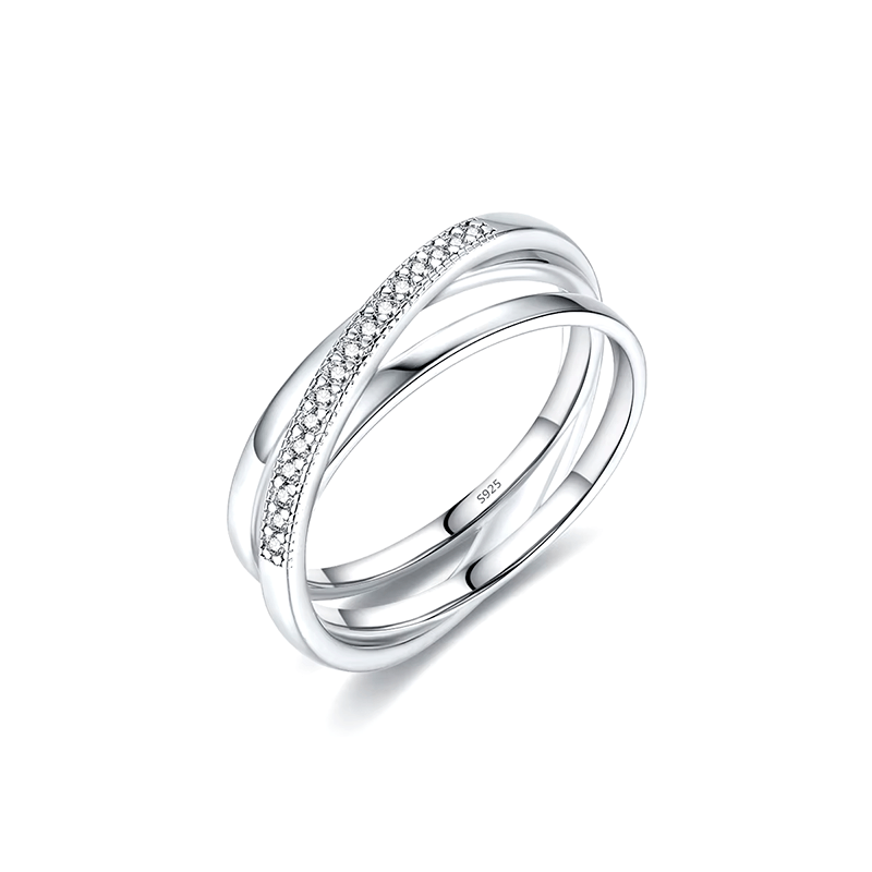 Sterling silver intertwined band ring – twisted pavé and polished design for elegant everyday wear