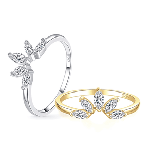 Sterling silver marquise ring with leaf-shaped zirconia stones – nature-inspired dainty design for elegant daily wear
