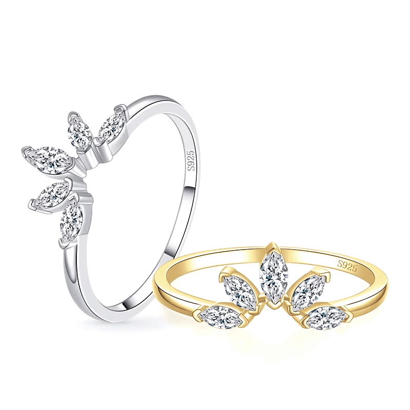 Sterling silver marquise ring with leaf-shaped zirconia stones – nature-inspired dainty design for elegant daily wear