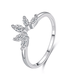 Sterling silver marquise ring with leaf-shaped zirconia stones – nature-inspired dainty design for elegant daily wear