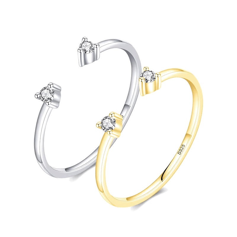 Sterling silver open ring with twin zirconia stones – minimalist and adjustable design for everyday elegance