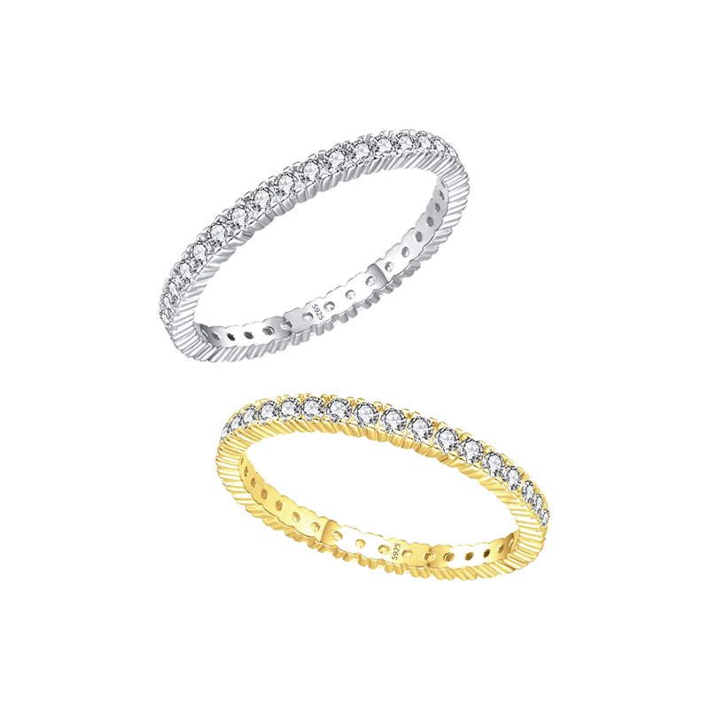 Sterling silver pavé ring with full band of zirconia stones – dainty and stackable eternity ring