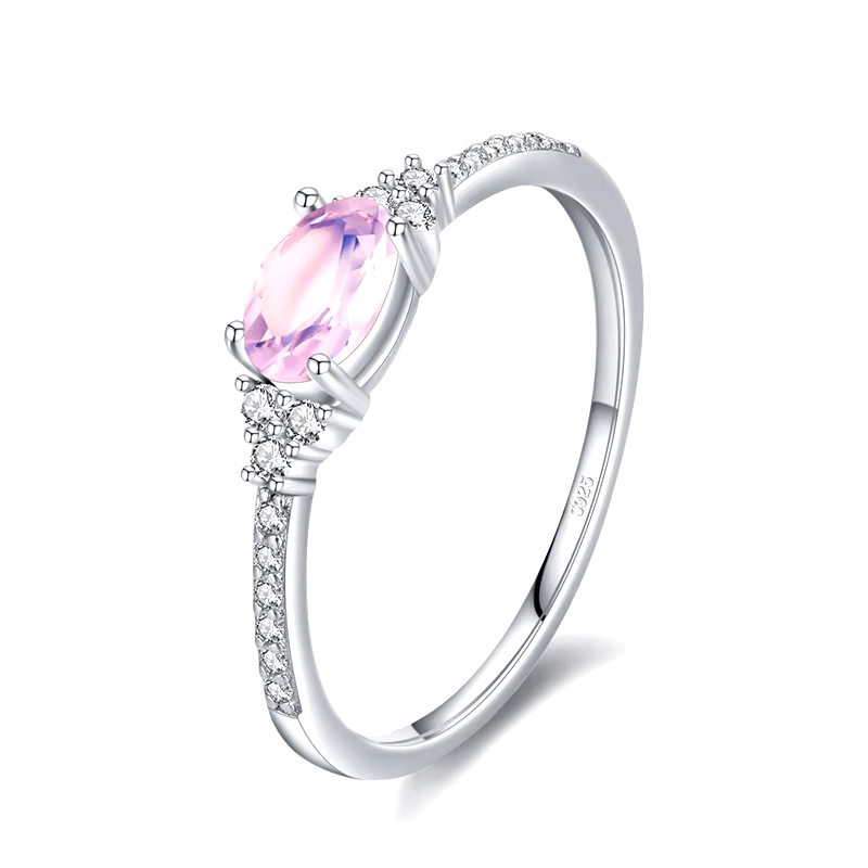 Sterling silver ring with pink amethyst oval gemstone – dainty feminine band with pavé zirconia