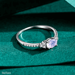 Sterling silver ring with pink amethyst oval gemstone – dainty feminine band with pavé zirconia