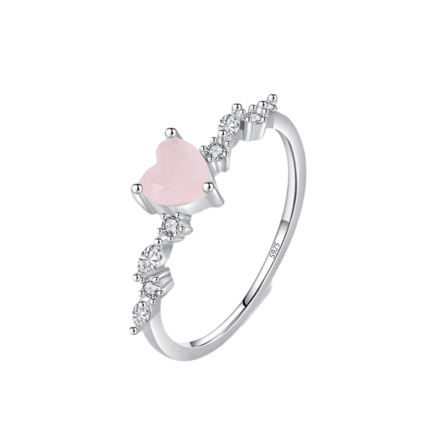 Sterling silver ring with pink heart-shaped gemstone and zirconia – romantic and dainty promise ring