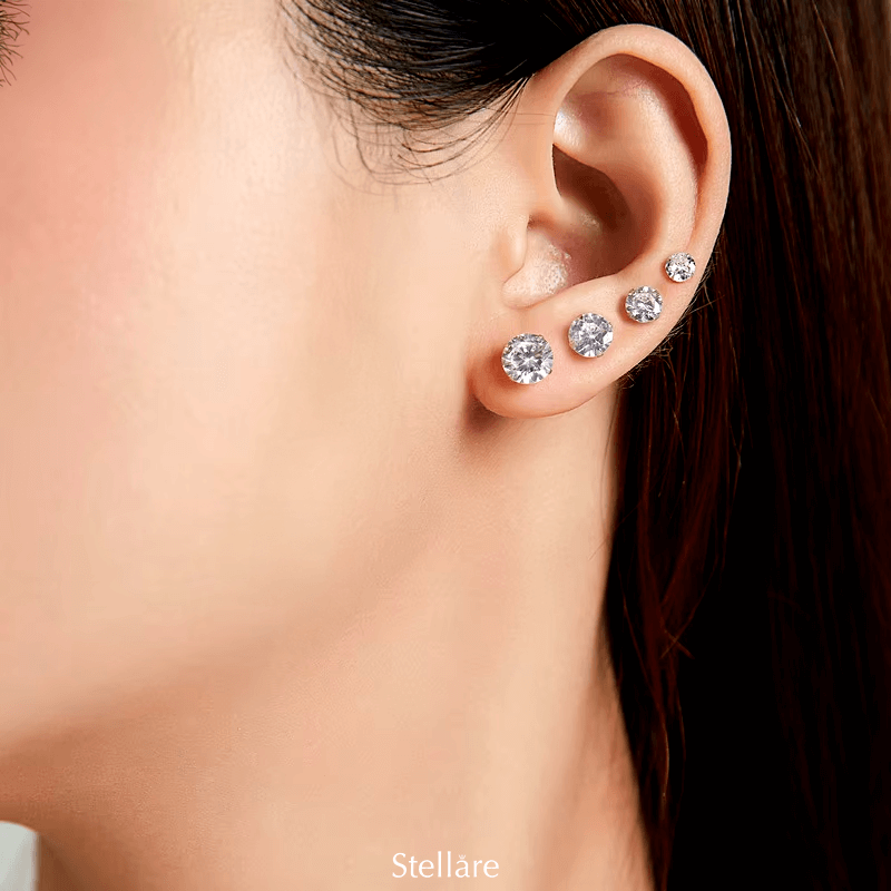 Sterling silver stud earring set with brilliant-cut white zirconia – multiple sizes for versatile wear or gifting