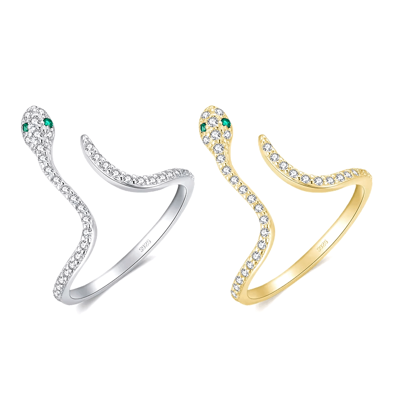 Sterling silver snake ring with pavé zirconia and green stone eyes – bold, symbolic and adjustable design