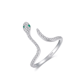 Sterling silver snake ring with pavé zirconia and green stone eyes – bold, symbolic and adjustable design