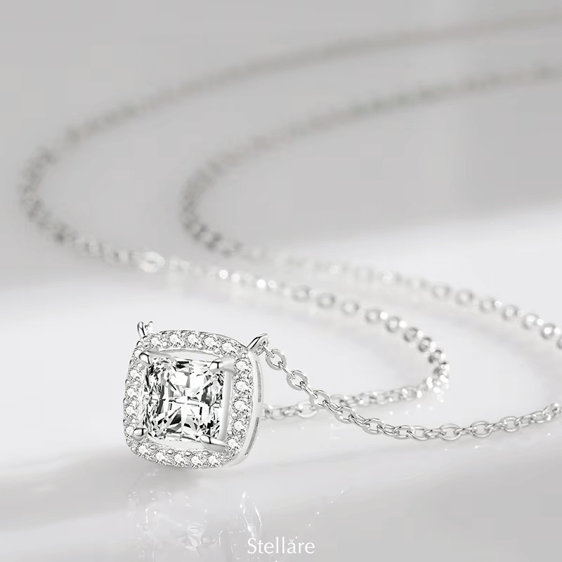 Sterling silver necklace with square brilliance pendant – elegant and timeless design with crystal sparkle