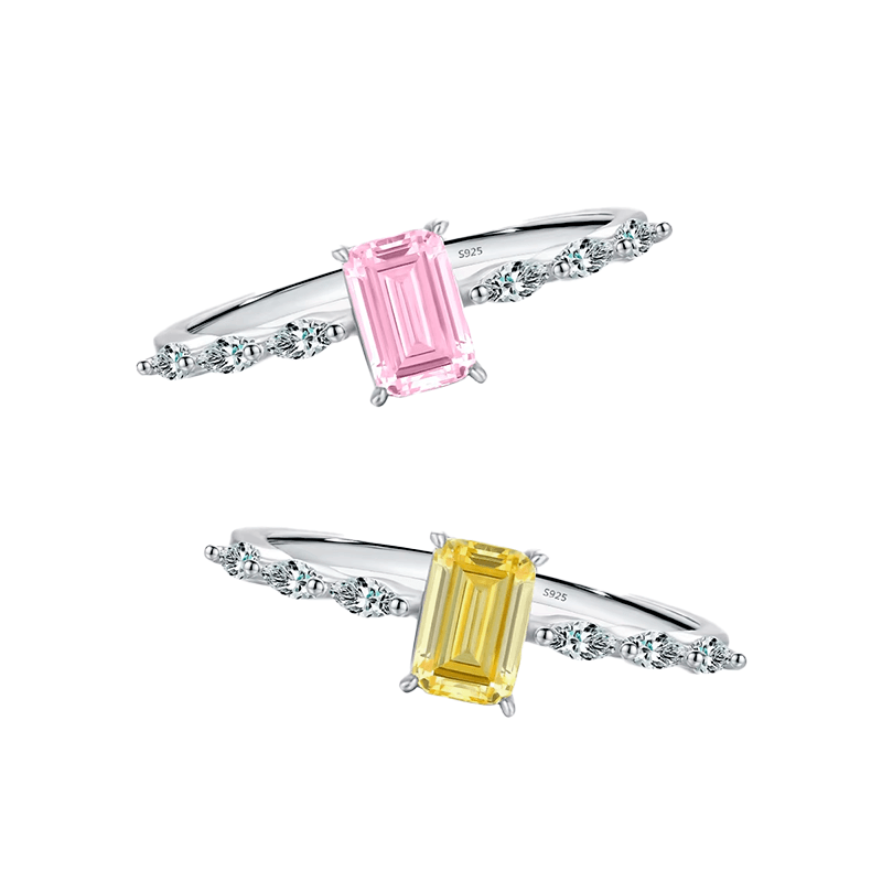 Sterling silver ring with baguette-cut gemstone in pink or yellow – modern dainty band with feminine sparkle