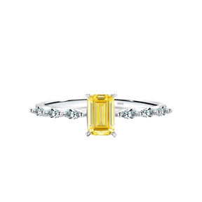 Sterling silver ring with baguette-cut gemstone in pink or yellow – modern dainty band with feminine sparkle