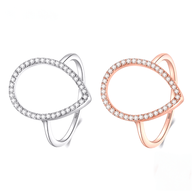 Sterling silver teardrop ring with pavé zirconia – modern open band design in silver or rose gold