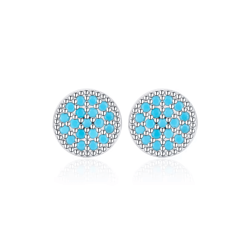 Sterling silver stud earrings with turquoise circle design and pavé accents – dainty and vibrant jewellery for everyday elegance