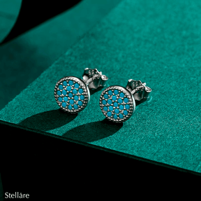 Sterling silver stud earrings with turquoise circle design and pavé accents – dainty and vibrant jewellery for everyday elegance