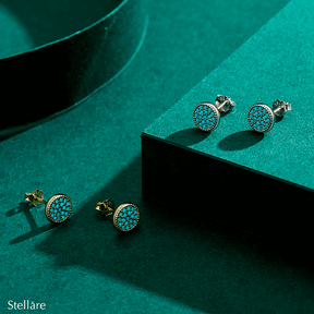 Sterling silver stud earrings with turquoise circle design and pavé accents – dainty and vibrant jewellery for everyday elegance